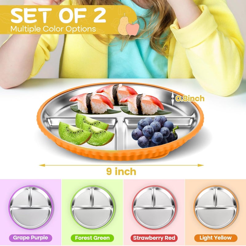 Semloo Stainless Steel Kids Plates with Suction, 2Pack 9" Divided Toddler Plates Removable Non Slip Silicone Sleeves Baby Feeding Led Weaning Supplies, BPA Free, Unbreakable Dishwasher Safe - Image 2